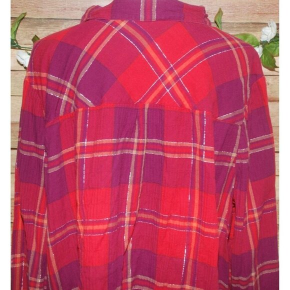 Catherines Red Plaid Metallic Button Front Shirt Blouse Size 2X 22W 24W Petite - Picture 6 of 8